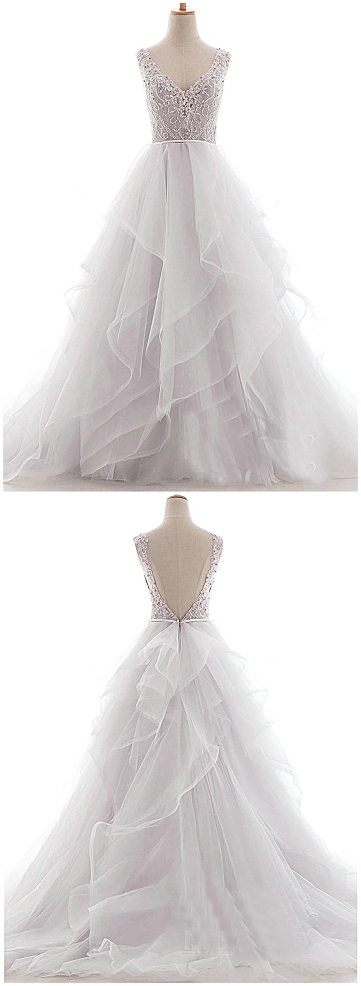 White Tulle Open Back Beaded Long Layered Wedding Dress With Applique