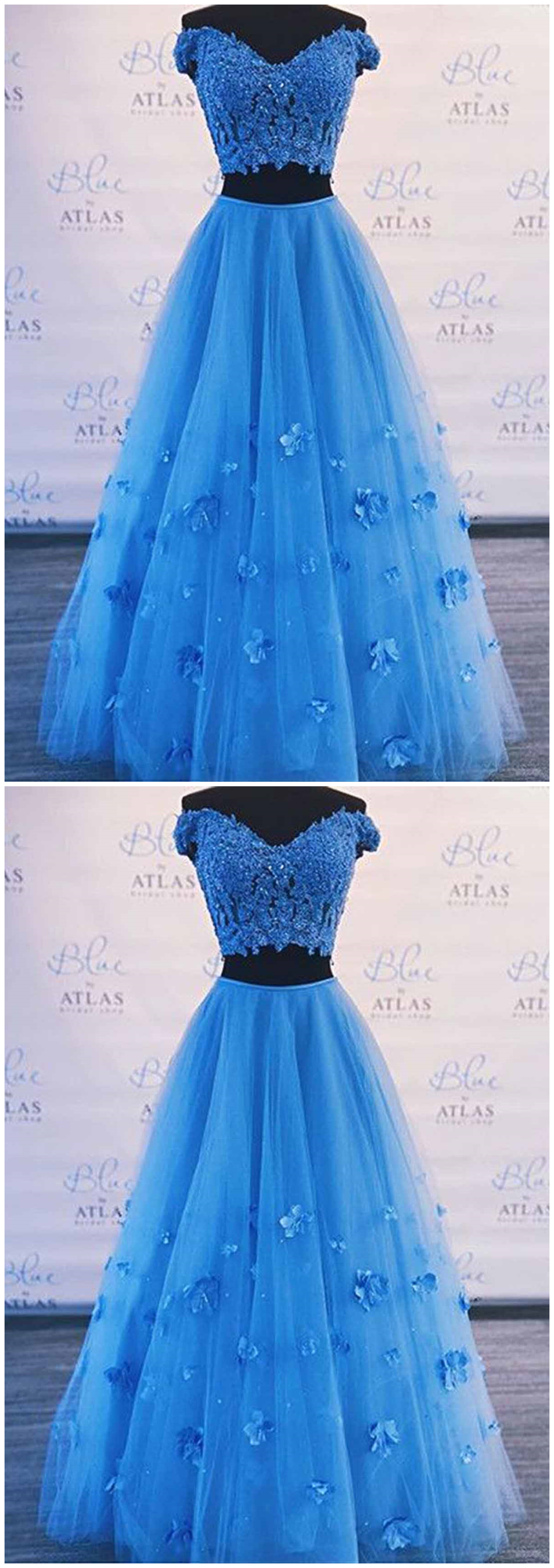 Blue Lace Two Pieces Long Tulle Prom Dress, Homecoming Dress
