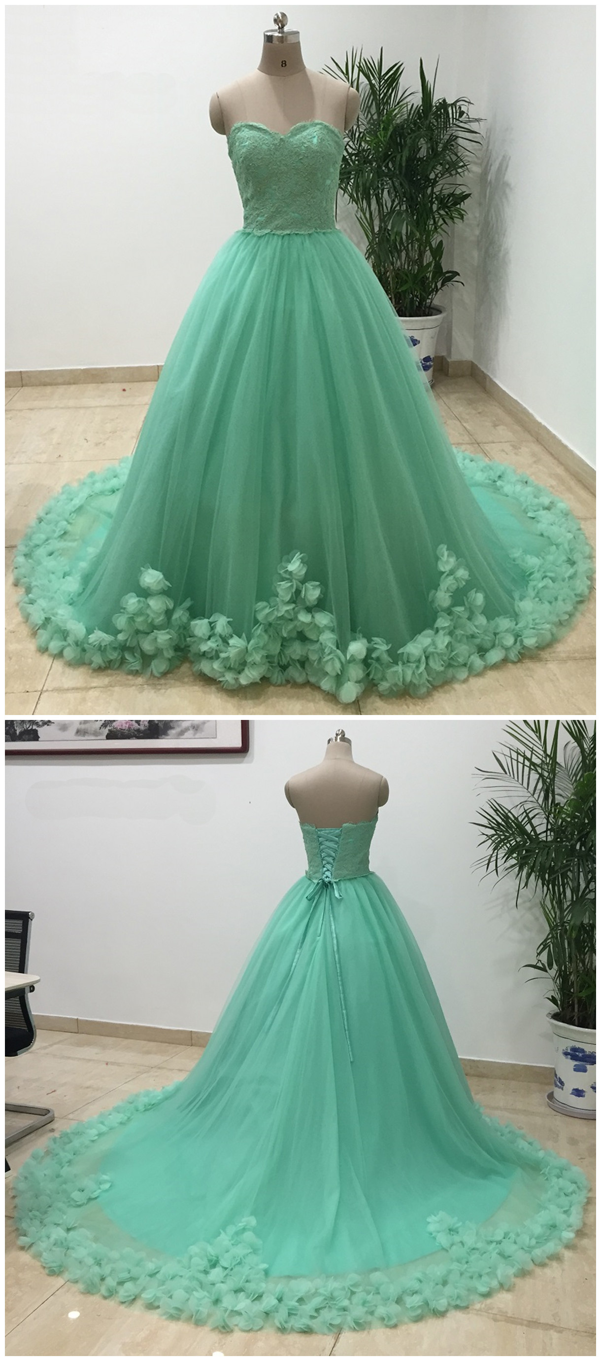 Green Tulle 3d Lace Applique Long Strapless Sweet 16 Prom Dress, Quinceanera Dress