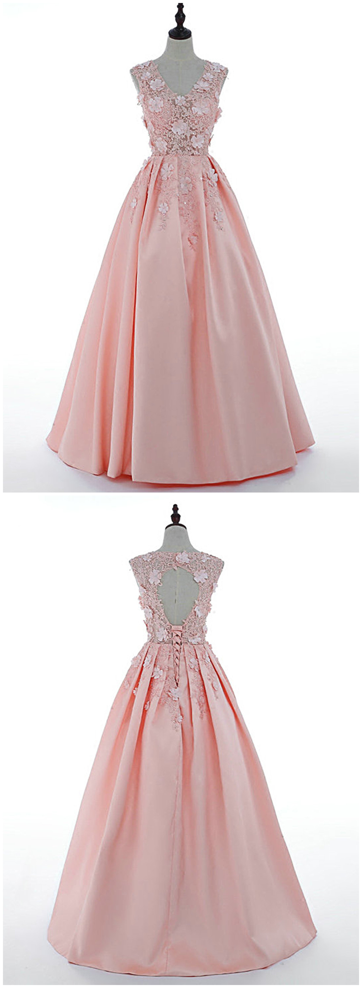 Fresh Pink Satin V Neck 3d Lace Applique Long Senior Prom Dress