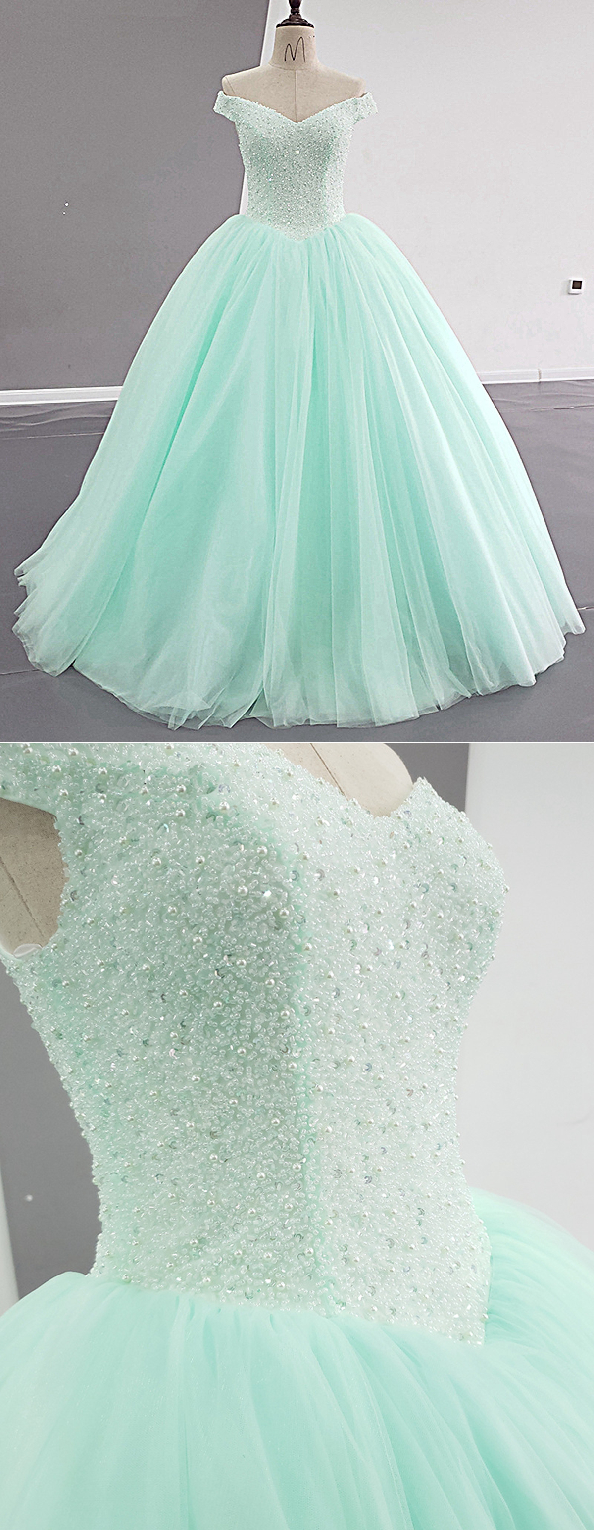 Mint Tulle Beaded Long V Neck Puffy Prom Dress, Quinceanera Dress