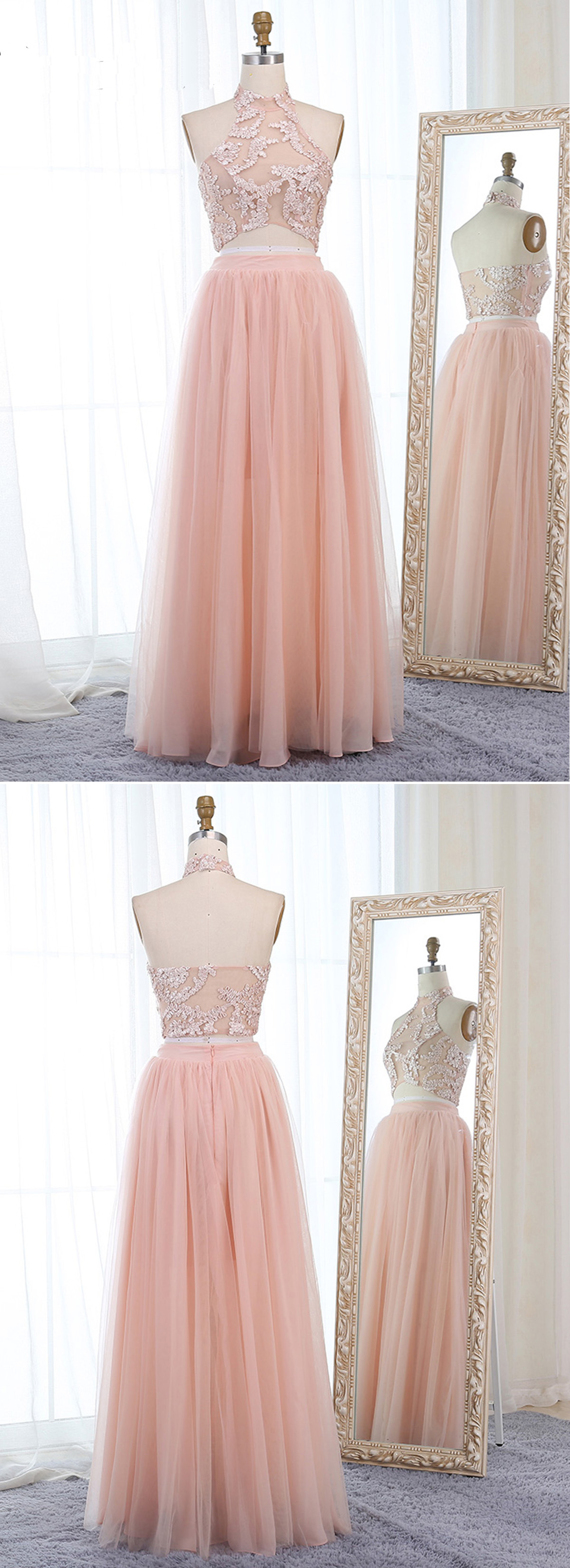 Pink Tulle Two Pieces Long Lace Prom Dress, Party Dress