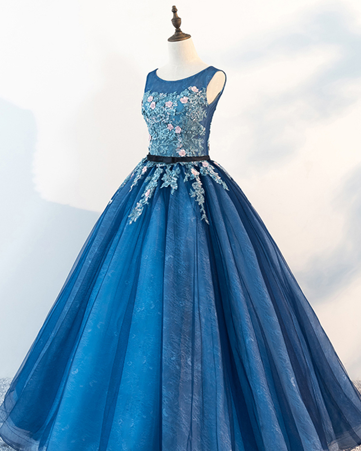 Blue Tulle Long Flower Lace Evening Dress, Formal Prom Dress on Luulla
