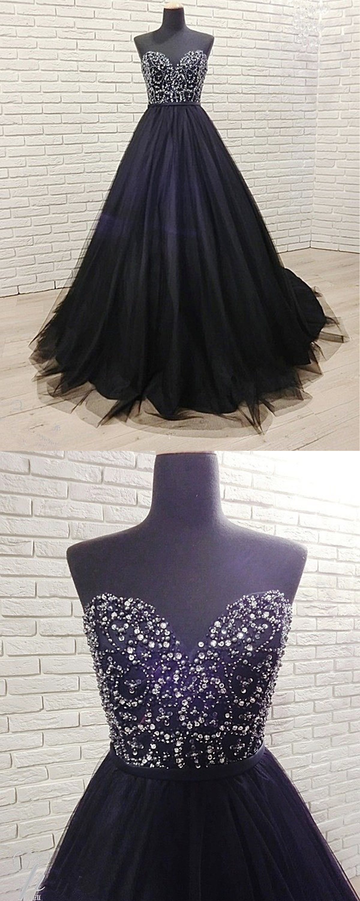 Black Tulle Sweetheart Neck Sequined Long Senior Prom Dress, Party Dress