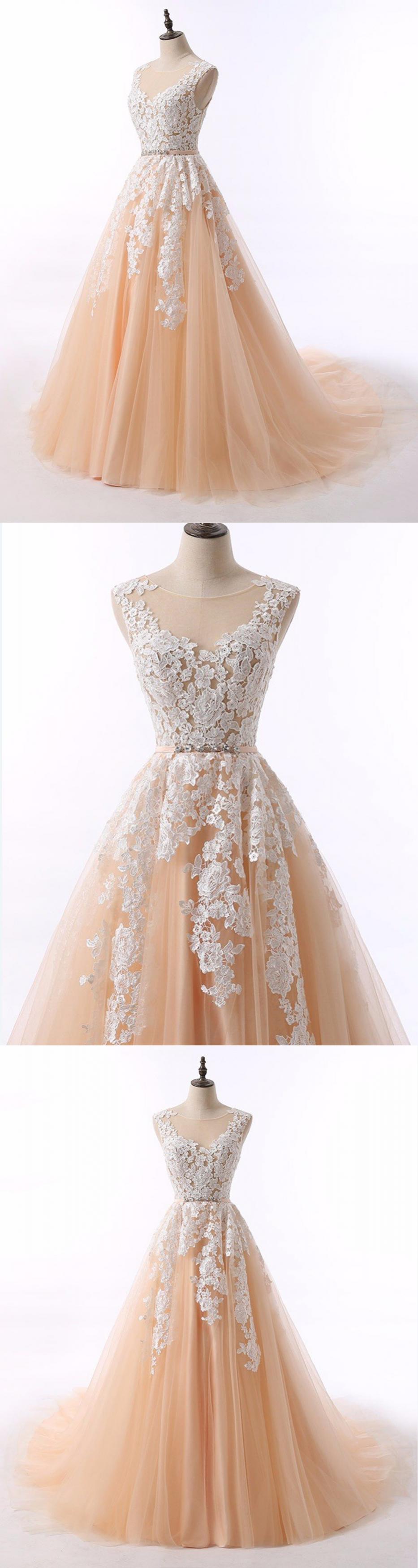 Champagne Tulle Round Neck Long Winter Formal Prom Dress With Lace Applique