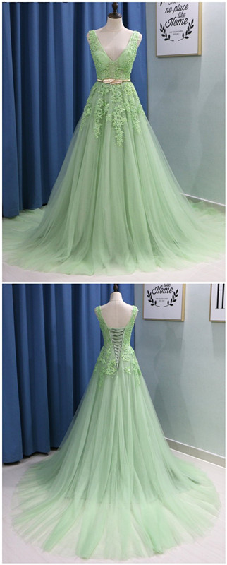 Green Tulle V Neck Long Formal Prom Dress, Lace Graduation Dress With Applique