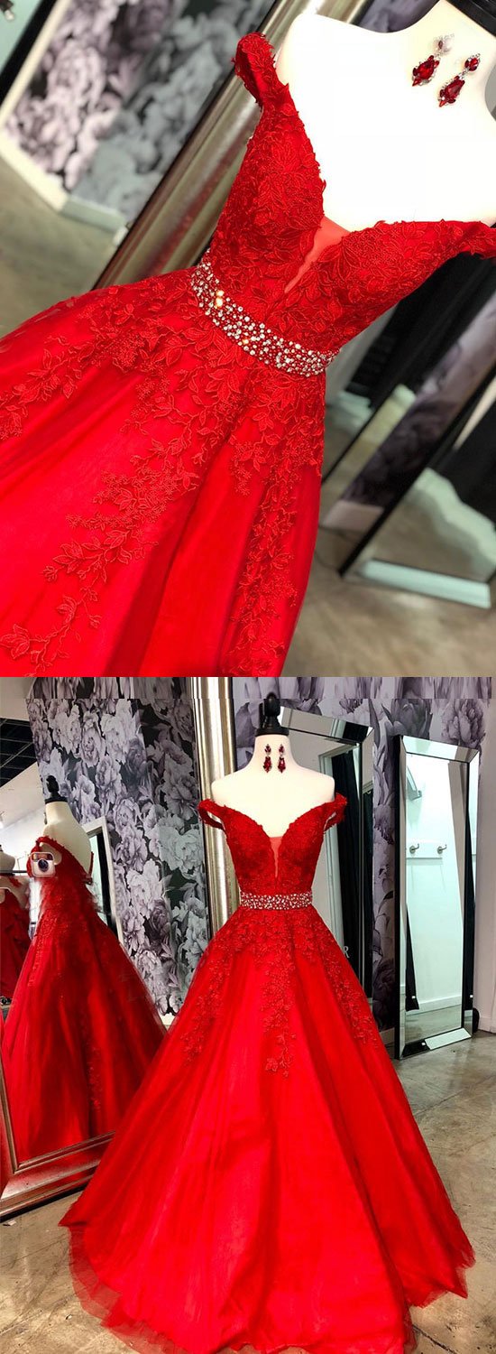 Red Tulle V Neck Off Shoulder Long Beaded Prom Dress, Party Dress