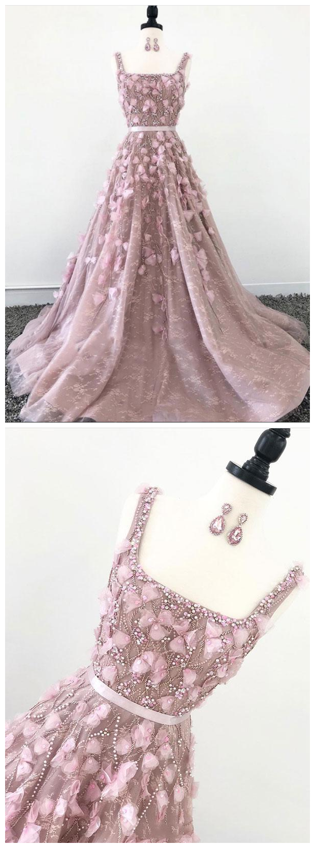 Pink 3d Lace Beaded Long Custom Made Senior Prom Dress, Evening Dress