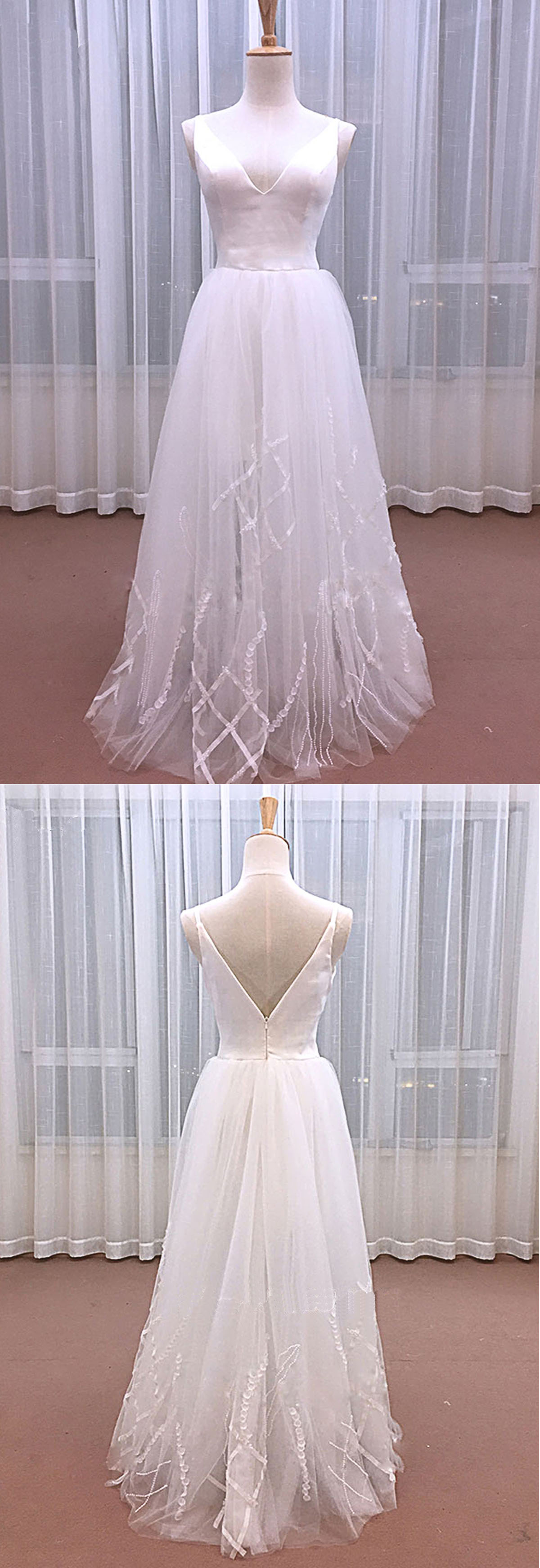 White Tulle V Neck Long Lace Applique Halter Prom Dress, Evening Dress