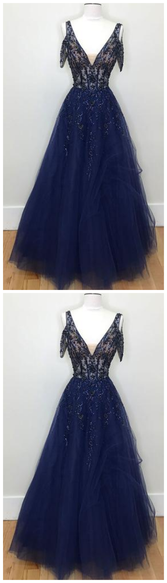 Dark Blue Tulle V Neck Lace Evening Dress, Beaded Prom Dress