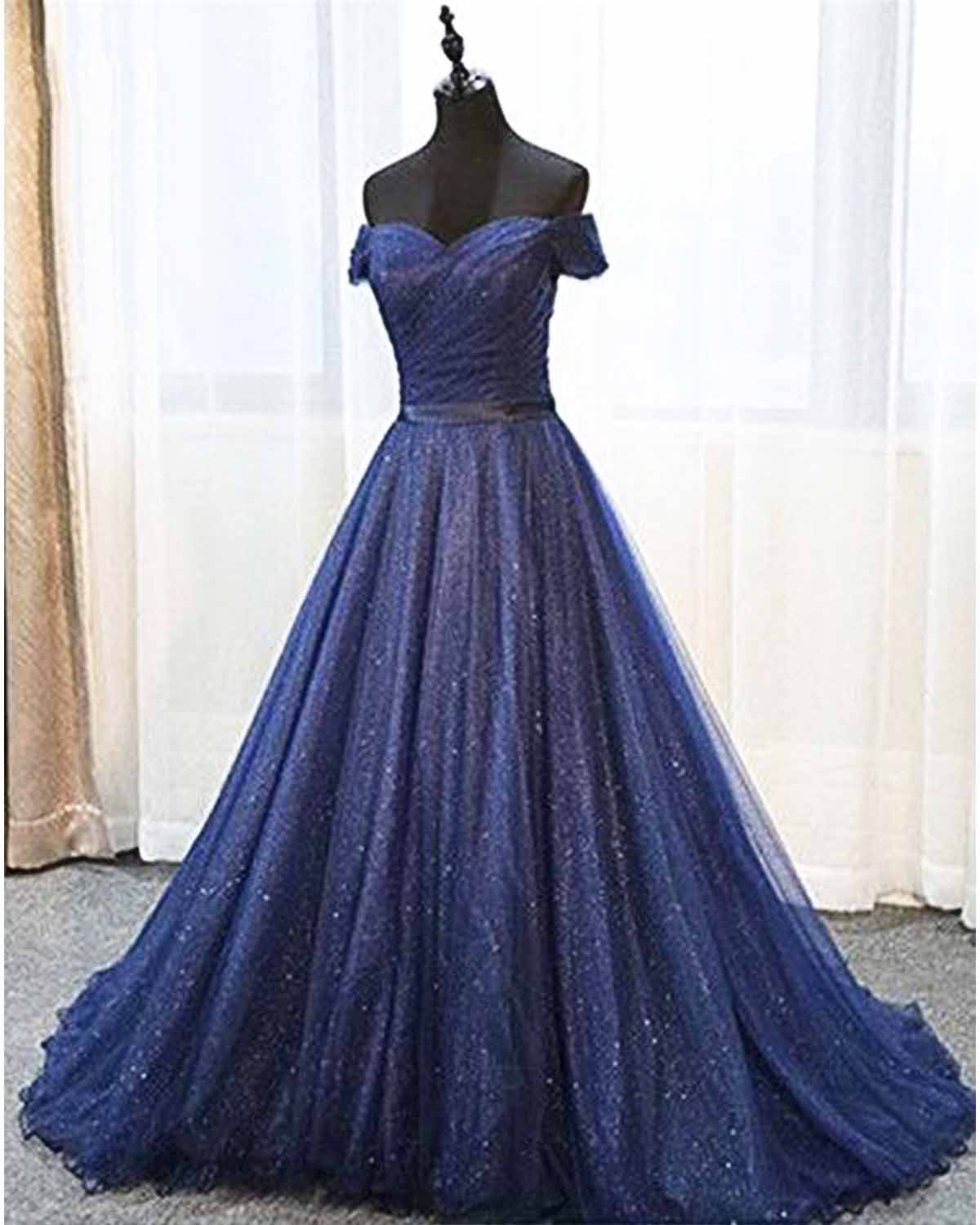 Deep Blue Off Shoulder Long Tulle Prom Dress, Evening Dress