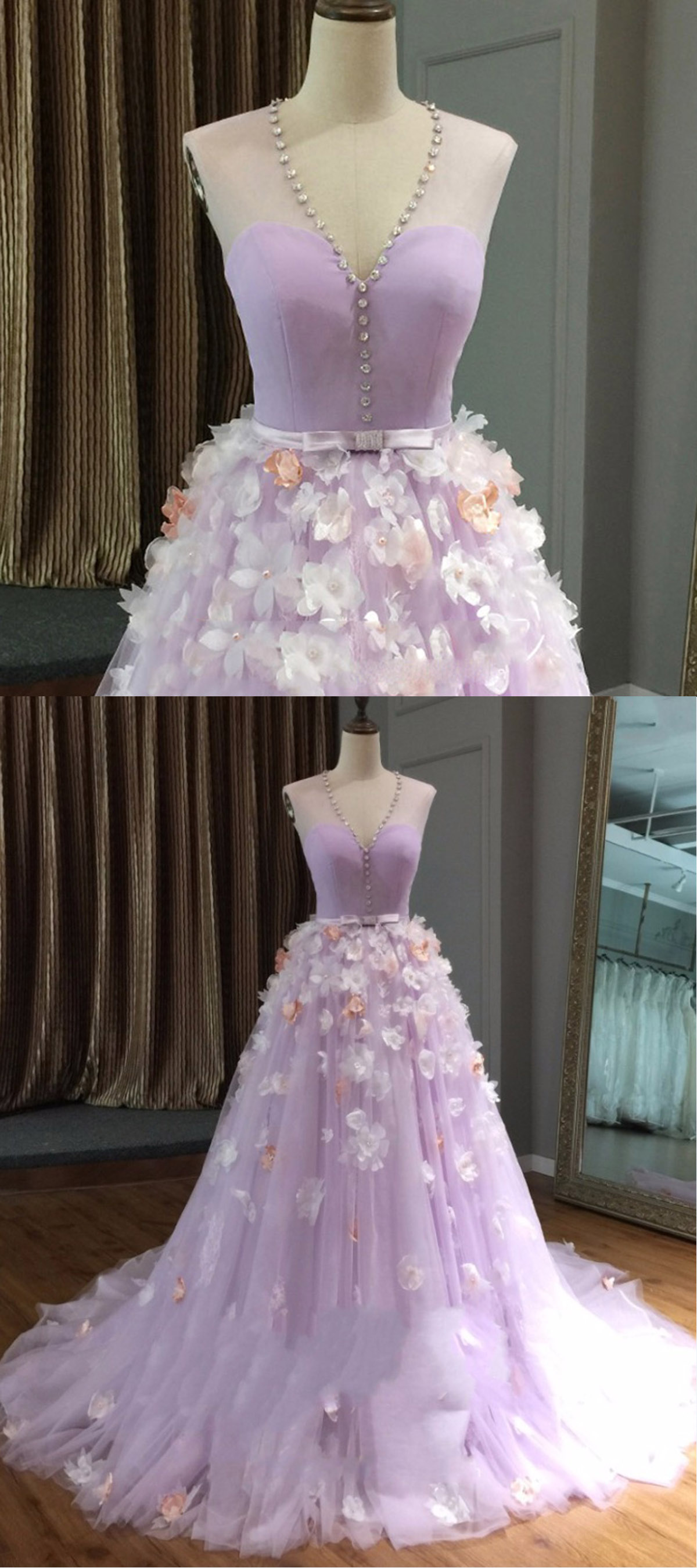 Lavender Tulle V Neck Long 3d Flower Lace Long Evening Dress