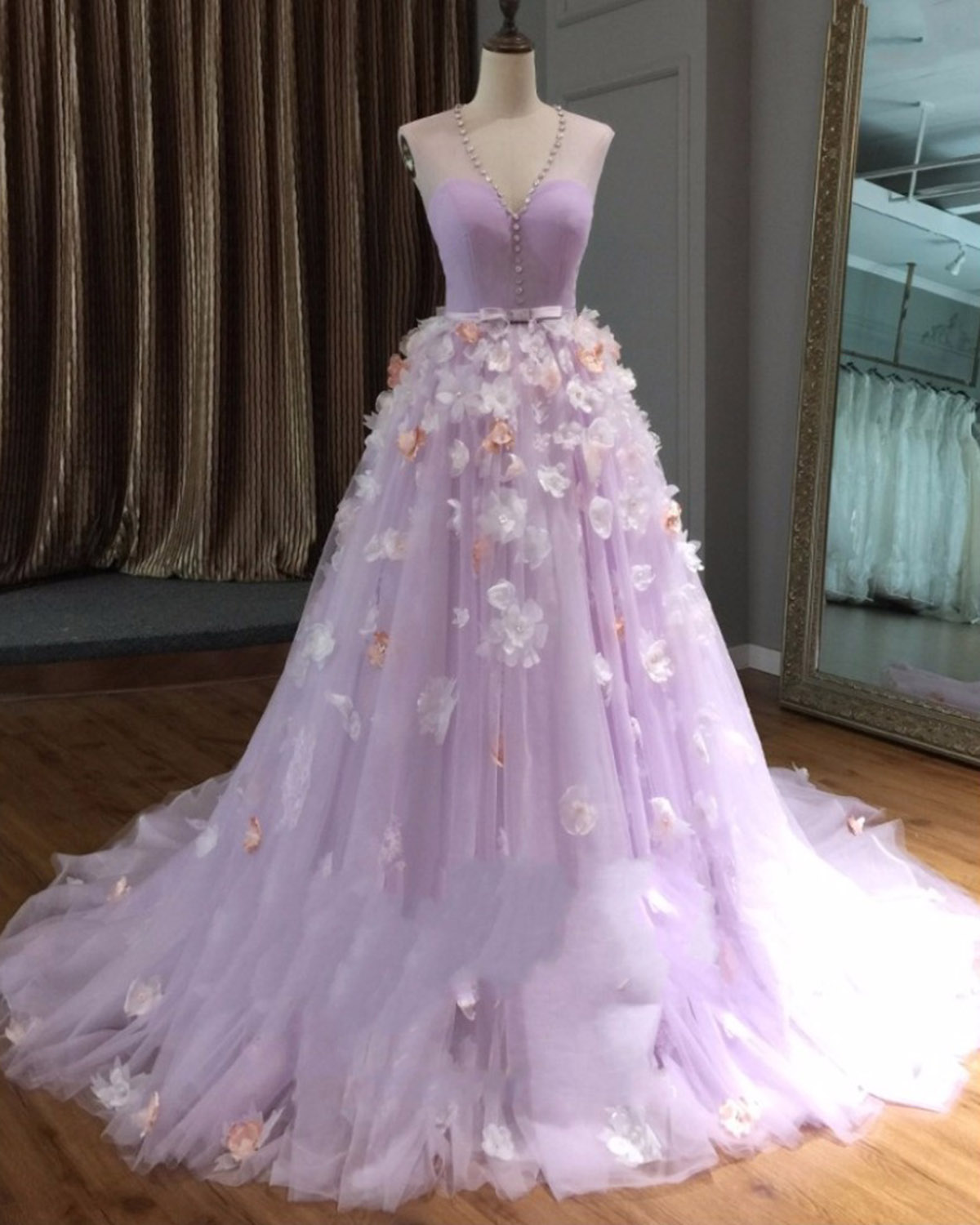 Lace and Tulle Floor Length Dress with V neck Lavender