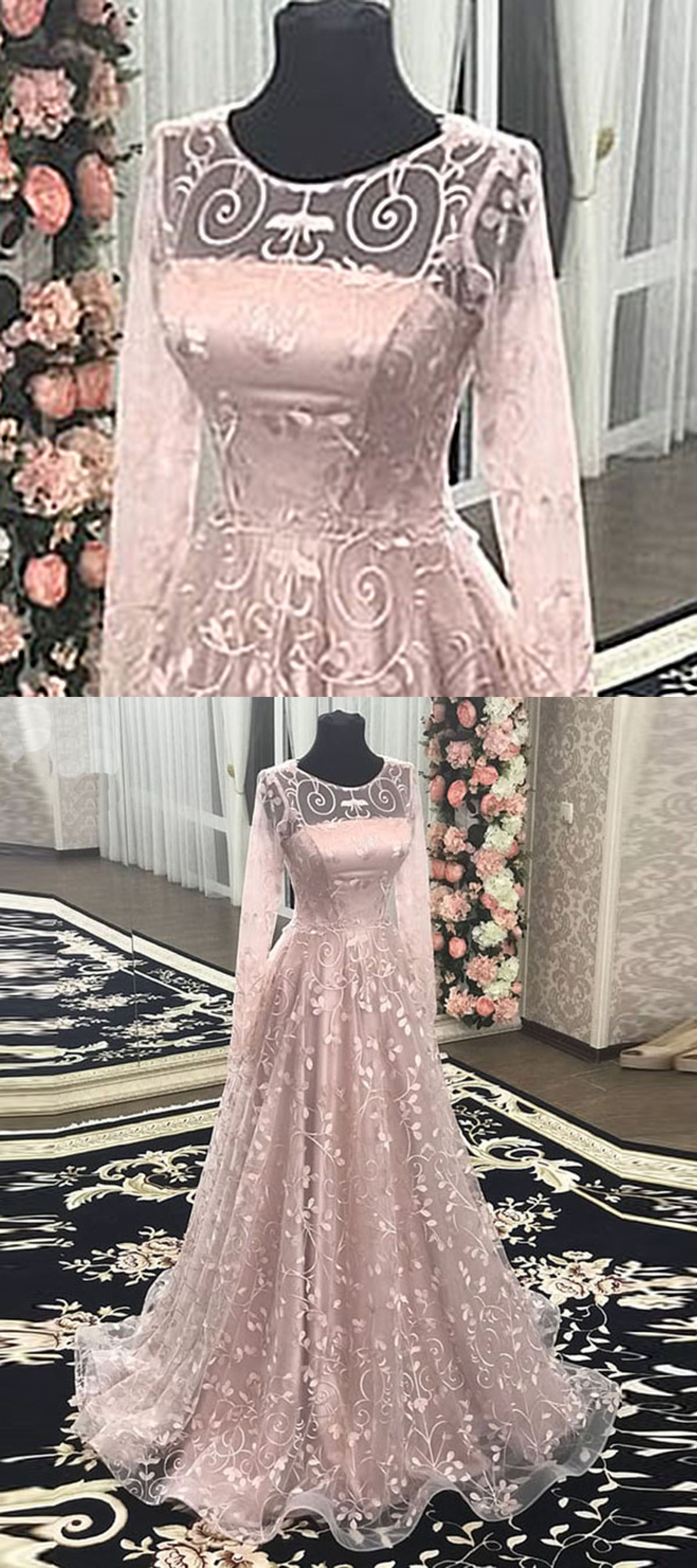 Pink Floral Lace Long A Line Formal Prom Dresses With Full Sleeves