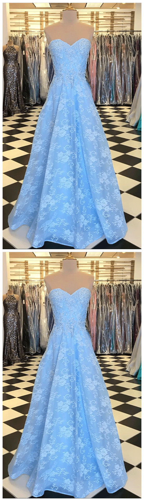 Blue Lace Sweetheart Neck Long Strapless Prom Dress, Evening Dress