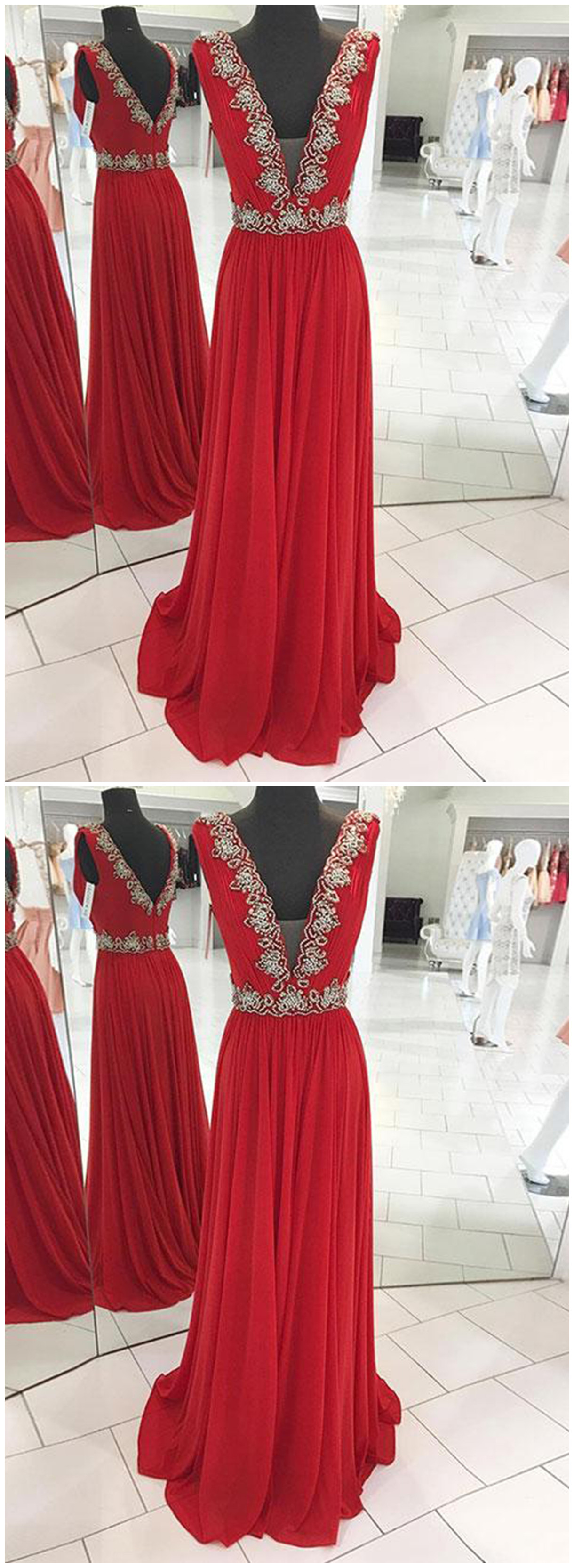 Red Chiffon V Neck Long Lace Appliqués Evening Dress, Red Senior Prom Dress