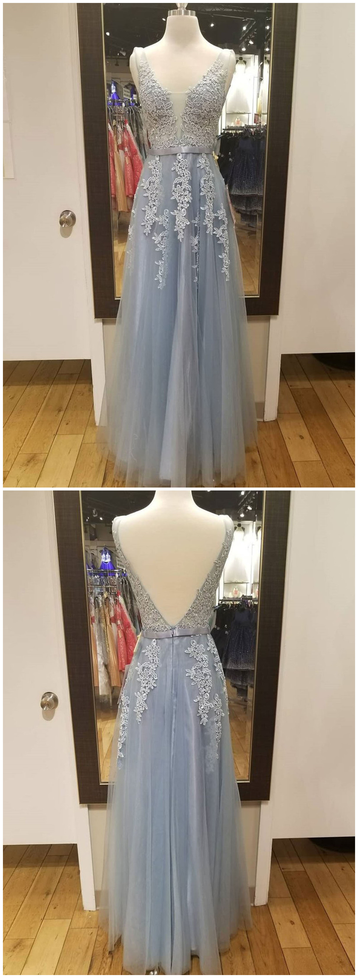 Blue Gray Tulle Long V Neck Lace Appliqué Prom Dress With Bowknot