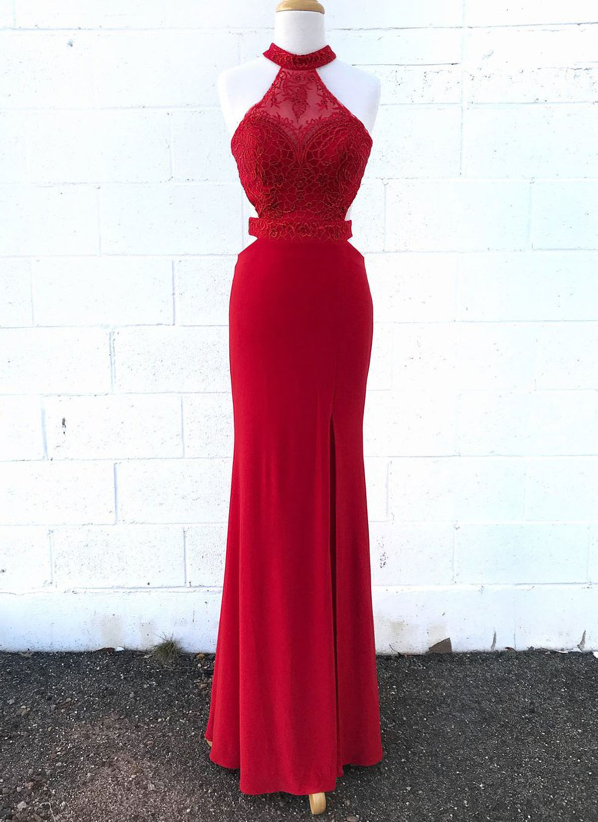 Red Lace High Neck Open Back Long Side Slit Evening Dress, Lace Prom ...