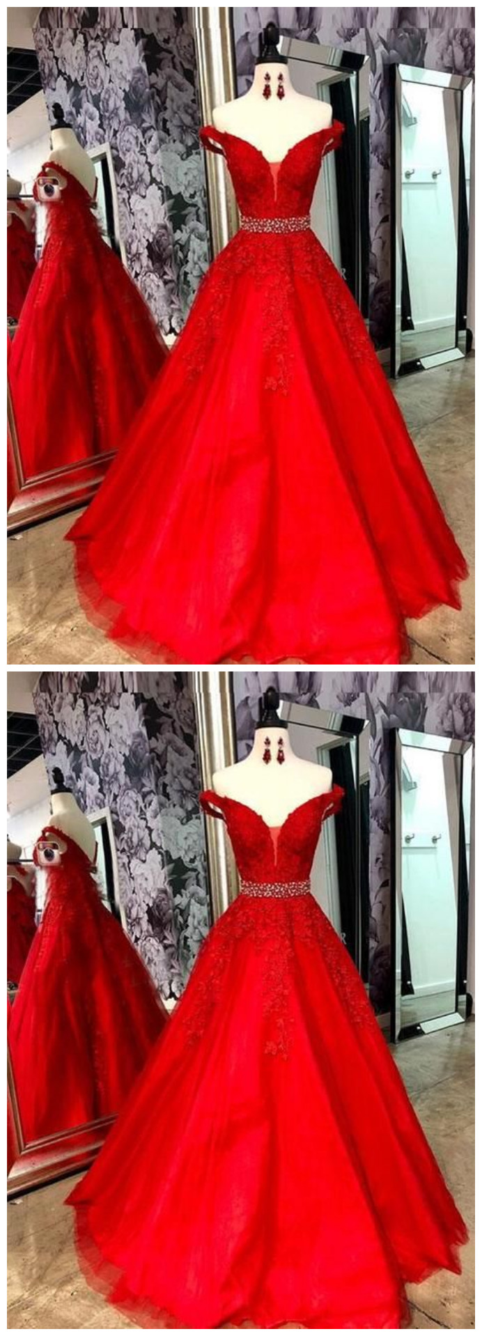 Red Tulle Evening Dress V Neck Formal Dress Off Shoulder Long Beaded Prom Dress, Party Dress From Sweetheart Dress
