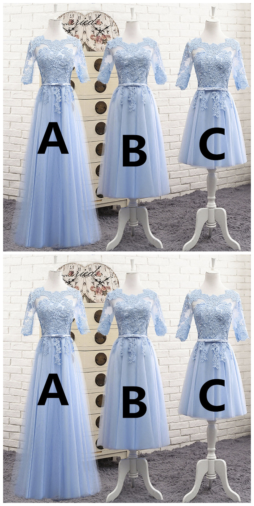Light Blue Tulle Mid Sleeves Long A-line Bridesmaid Dress, Prom Dress