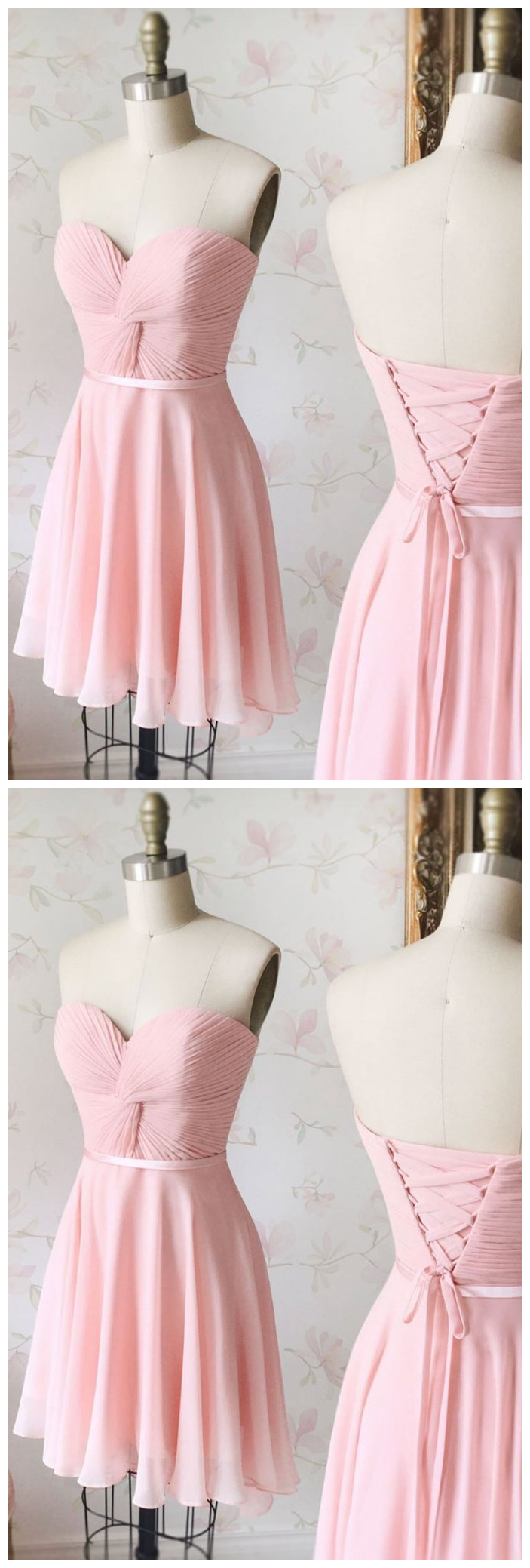 Simple Sweetheart Neck Chiffon Pink Short Prom Dress, Pink Bridesmaid