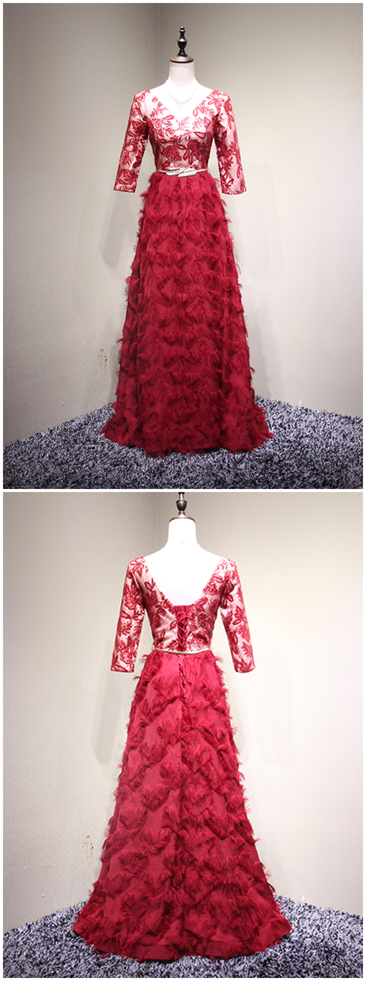 Red Lace V Neck Long Mid Sleeve Evening Dress, Red Formal Prom Dress