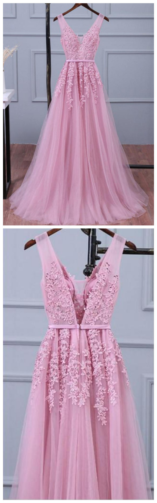 Baby Pink V-neck Tulle Prom Dresses With Appliques Party Dresses
