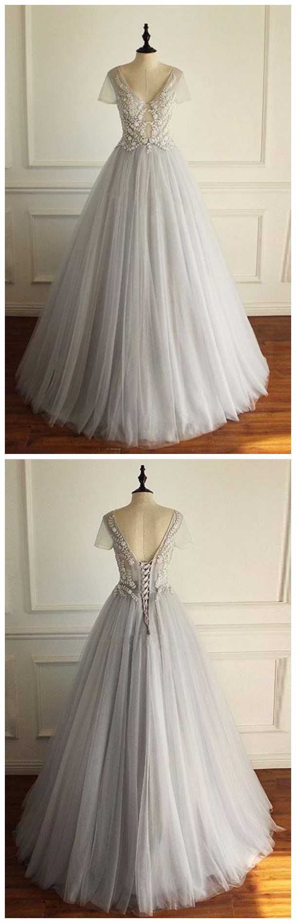 Gray V Neck Tulle Lace Long Prom Dress, Gray Evening Dress
