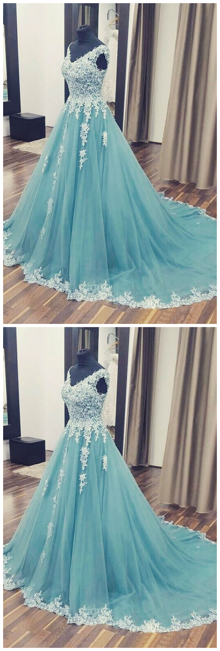 Appliques Tulle Prom Dress, Sexy Sleeveless Prom Dresses, Long Ball Gowns, Formal Evening Dress
