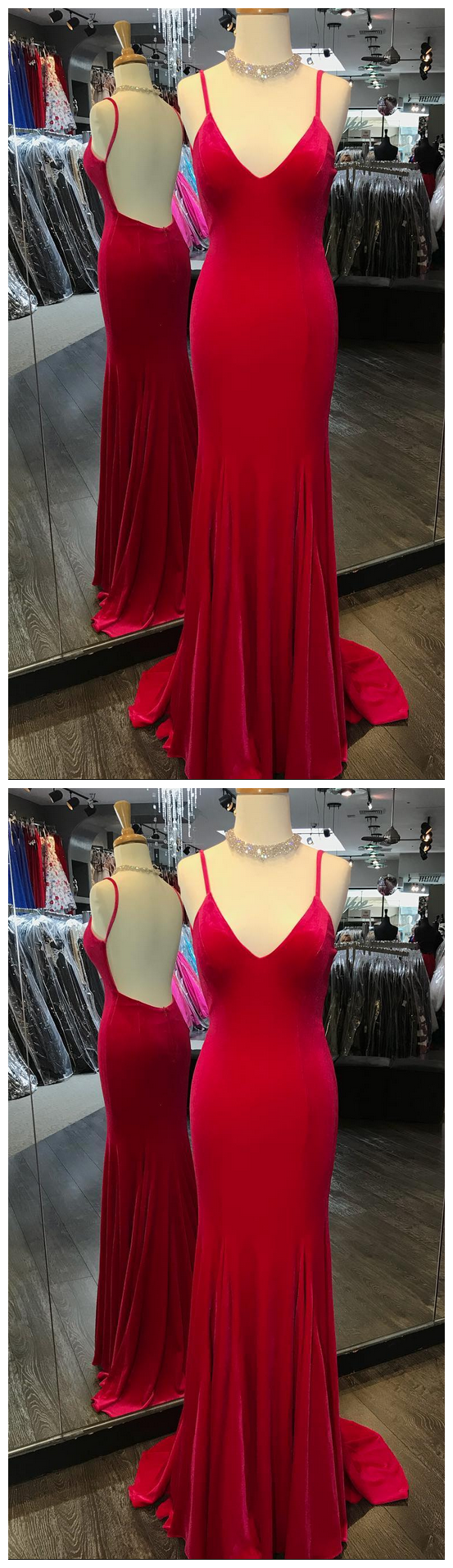Red Mermaid Prom Dress, Sexy Backless Prom Dresses, Long Spaghetti Straps Evening Party Dress