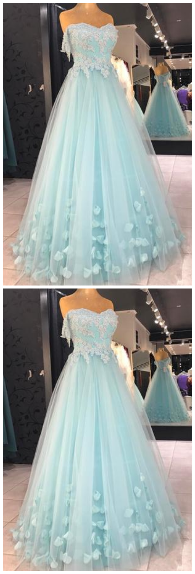 Baby Blue Appliques Prom Dress, Sexy Tulle Prom Dresses, Long Evening