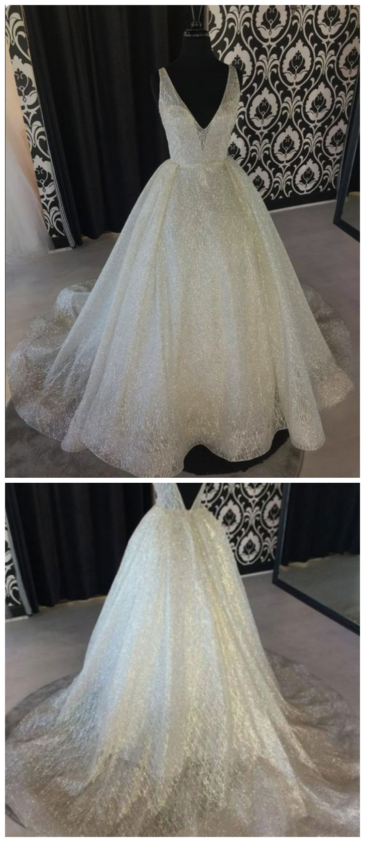 A-line V-neck Floor-length Tulle Wedding Dresses With Sequins