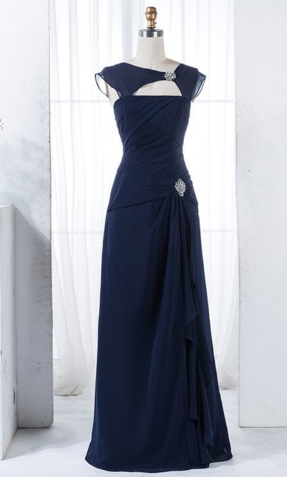 Elegant Dark Blue Ruched Bridesmaid Dress With Beading, Bodycon A-line Dark Blue Wedding Party Dress With Keyhole