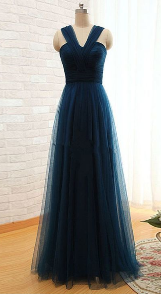 Simple A Line Straps Pleated Long Women Dark Green Tulle Prom/bridesmaid Dresses