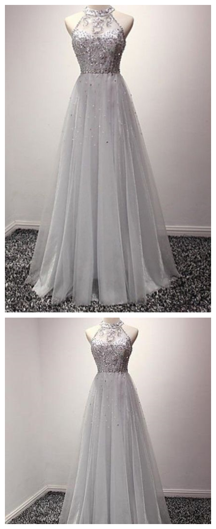 Gray Prom Dresses,prom Dress,prom Gowns,tulle Long Prom Dress With Crystals