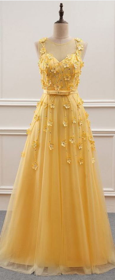 Gorgeous Tulle Jewel Neckline A-line Prom Dress With Beadings, Handmade Flowers Evening Dress