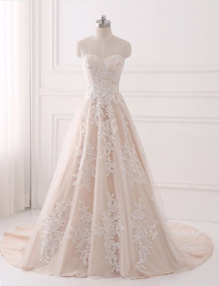 Sweetheart Light Champagne Tulle A-line Long Train Prom Dress With Appliques, Evening Dress