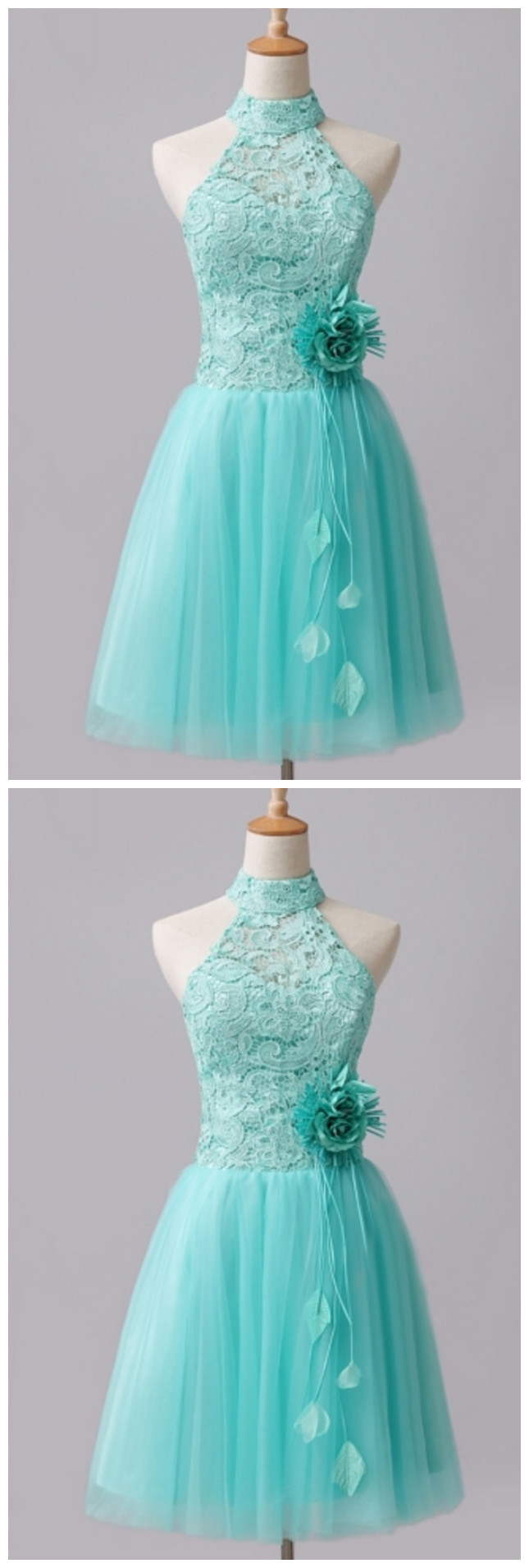 Mint A-line Halter Lace Flowers Short Homecoming Dresses, Homecoming Dress,prom Dress With Flower