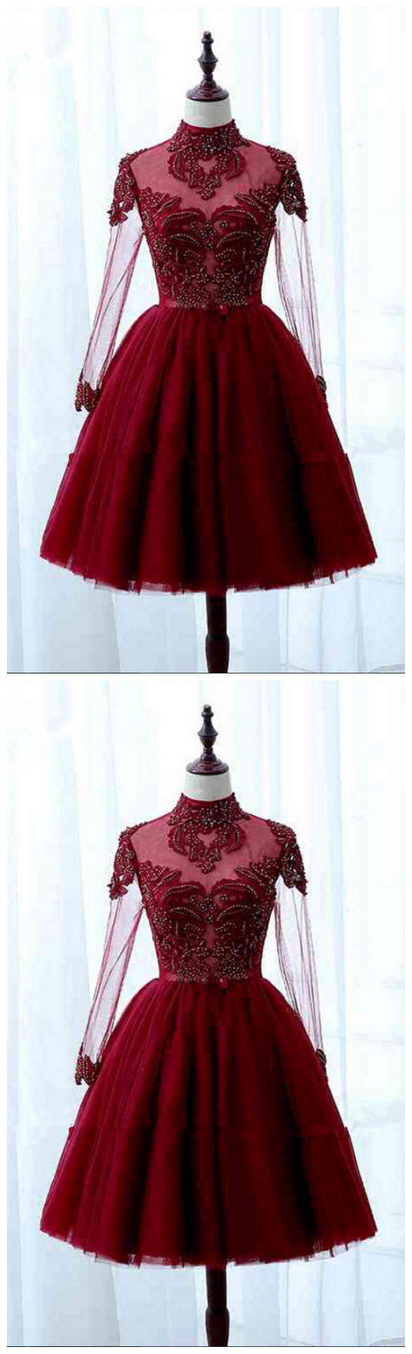 Design Neck Long Sleeve Homecoming Dresses,lace Up Open Knee Tiny Red Dress Cocktail ,homecoming Dress,party Dress