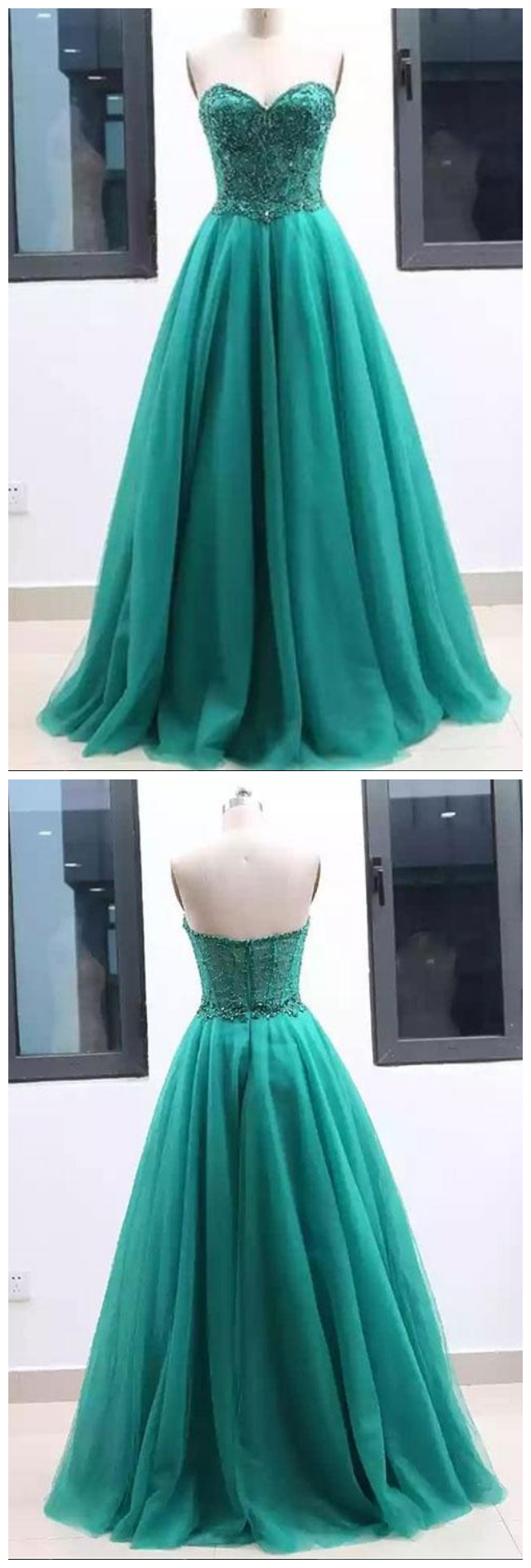 Sweetheart Green Tulle Long A Line Prom Dress, Green Evening Dress
