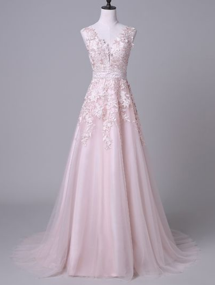 A Line Wedding Dress,pink Wedding Dresses, Long Bridal Dresses ,with Layered Appliques V-neck Wedding Dress