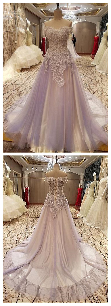 Modest Tulle ,off-the-shoulder Neckline, A-line Prom Dresses With Lace Appliques , Handmade Flowers, Elegant Evening Dress, Prom Dresses,