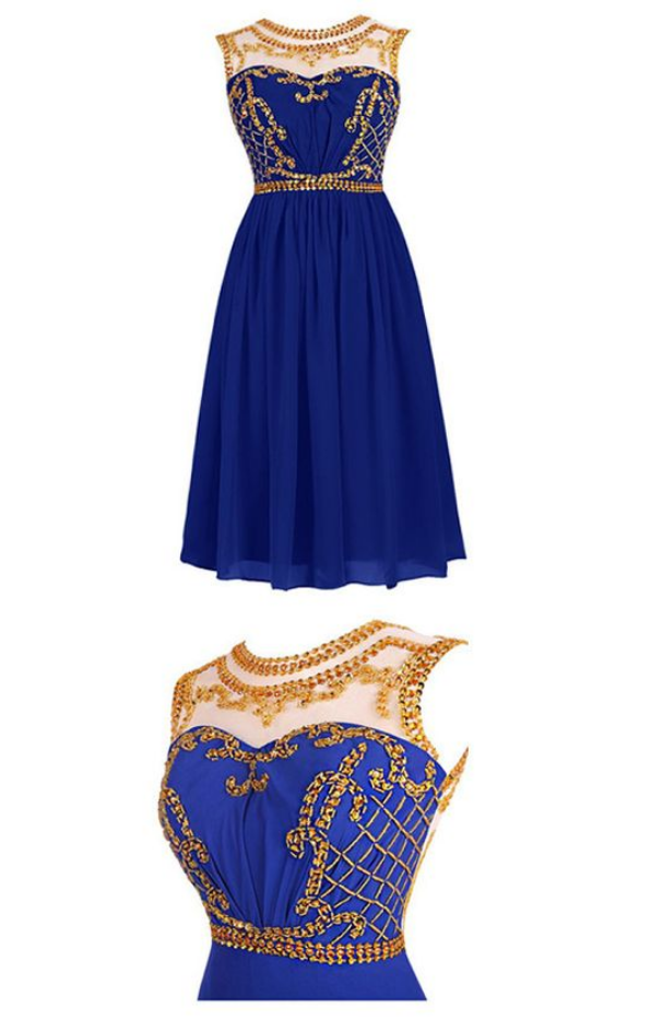 Cocktail Dress Royal Blue And Gold Dress Short Short Embroidered Glitter  Babydoll Party Dress Royal XSmall