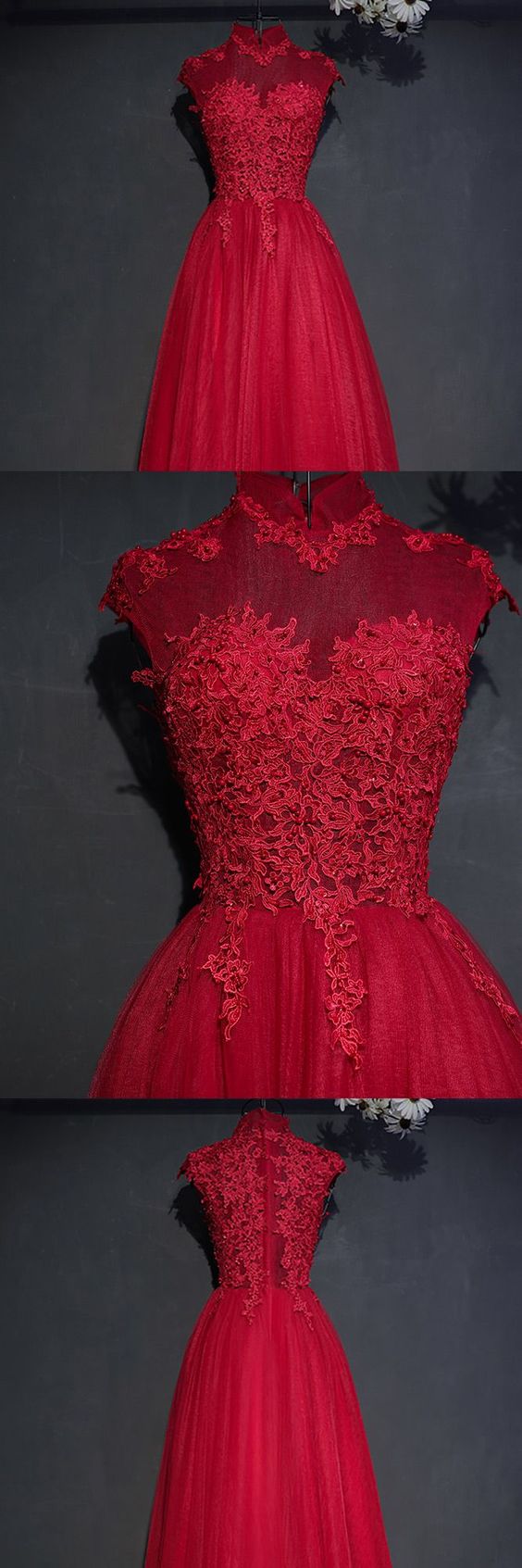 Vintage Lace High Neck Prom Dresses,long Tulle Prom Party Dress Burgundy,sexy Party Dress,custom Made Evening Dress