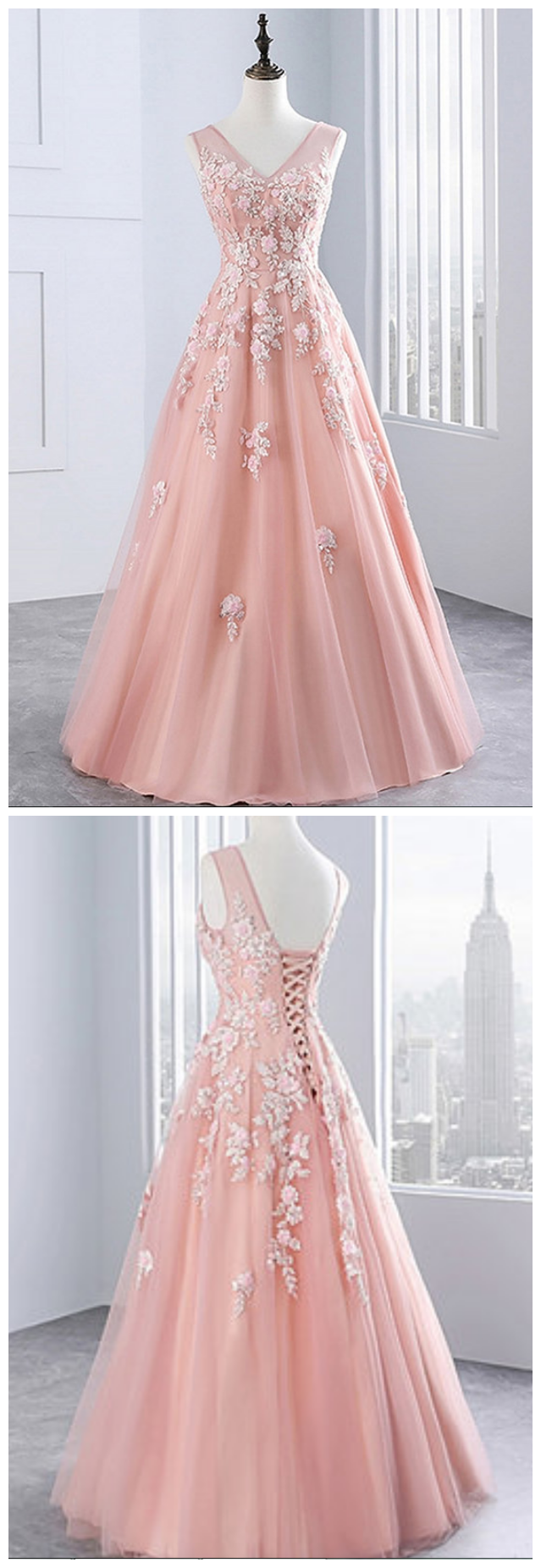Pink Tulle Prom Dresses,v Neck Evening Dress With Lace Appliqués, Long Sweet 16 Prom Dresses