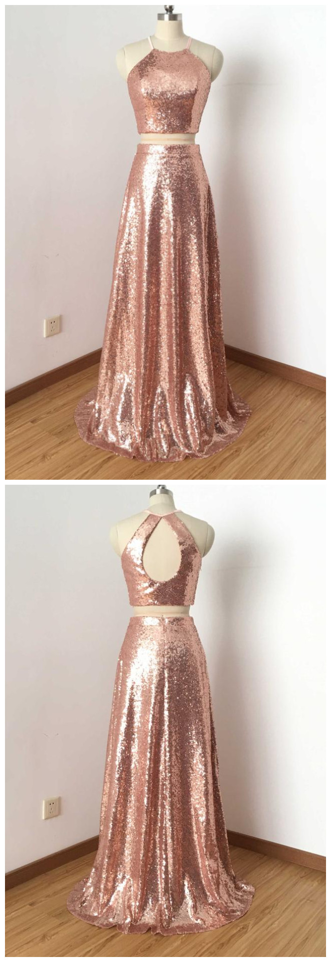 Two Piece Rose Gold Sequin Long Prom Dress