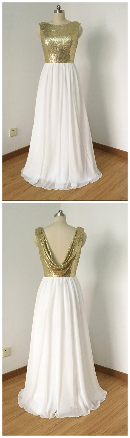 Light Gold Sequin Ivory Chiffon Long Bridesmaid Dress