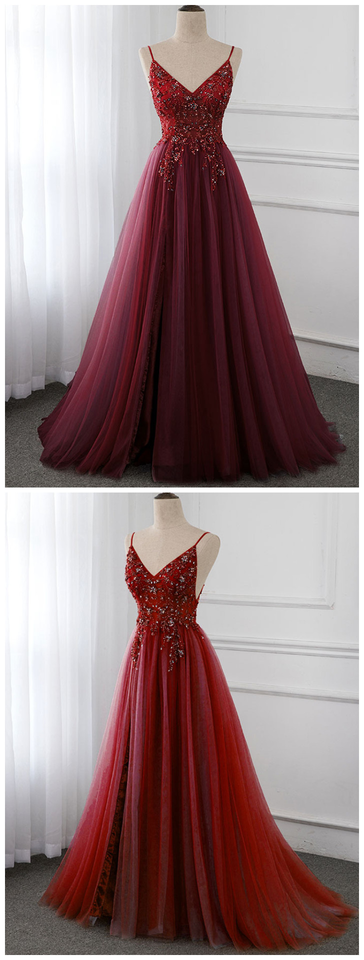 Fashion Lux Sweet Wine Red Crystal Long Prom Dresses 2020 Straps Spaghetti Tulle Evening Gown Slit