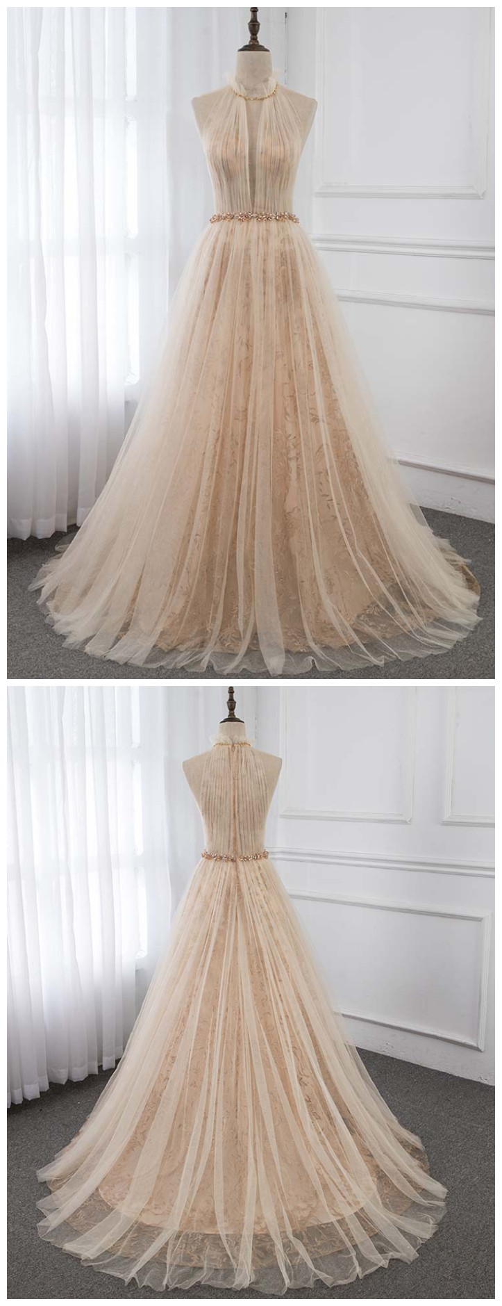 Fashion Lux Elegant Champagne Embroidery Evening Dresses Long High Neck Tulle Formal Evening Gown