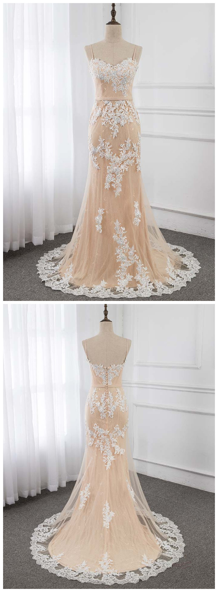 Fashion Lux Spaghetti Champagne Long Prom Dresses Lace Appliques Beaded Mermaid Formal Gowns